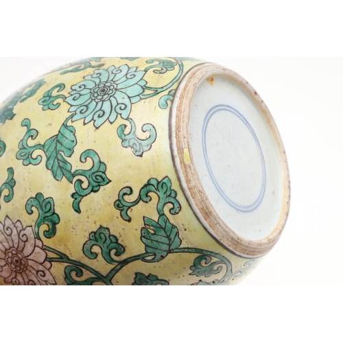 959 - CHINESE KANGXI LOTUS GINGER JAR - YELLOW GROUND. Kangxi period (1662-1722), a yellow ground enamel o... 