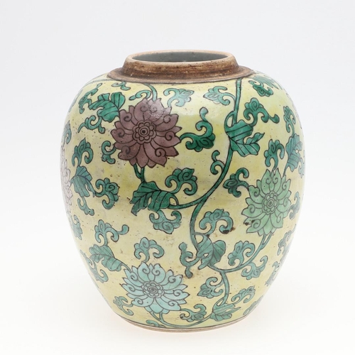 959 - CHINESE KANGXI LOTUS GINGER JAR - YELLOW GROUND. Kangxi period (1662-1722), a yellow ground enamel o... 