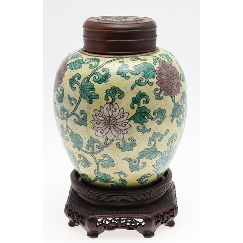 959 - CHINESE KANGXI LOTUS GINGER JAR - YELLOW GROUND. Kangxi period (1662-1722), a yellow ground enamel o... 