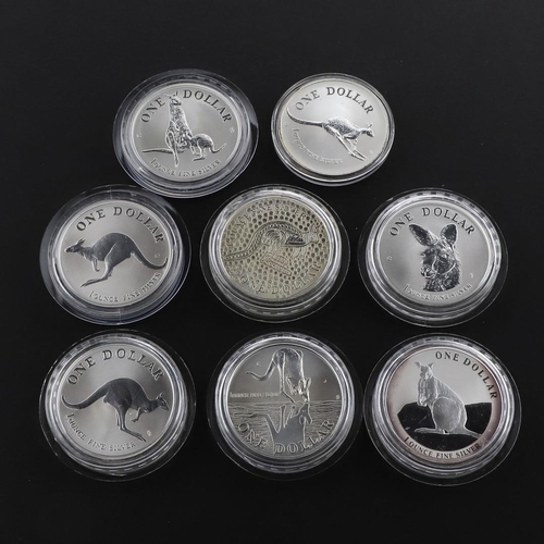 1000 - A COLLECTION OF EIGHT AUSTRALIAN SILVER 1 OZ KANGAROO COINS, 1993 AND LATER. A collection of eight E... 