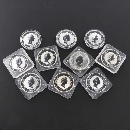 1001 - A COLLECTION OF TEN AUSTRALIAN SILVER 1 OZ 'KOOKABURRA' COINS, 1990 AND LATER. A collection of ten E... 