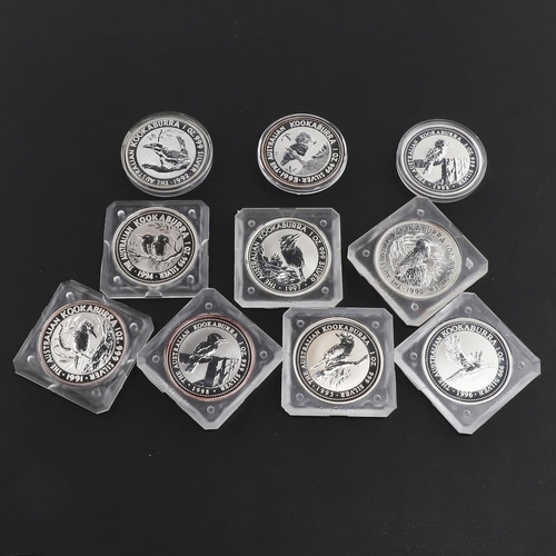 1001 - A COLLECTION OF TEN AUSTRALIAN SILVER 1 OZ 'KOOKABURRA' COINS, 1990 AND LATER. A collection of ten E... 