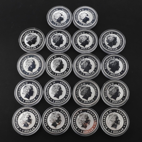 1002 - A COLLECTION OF EIGHTEEN AUSTRALIAN SILVER 1 OZ 'KOOKABURRA' COINS, 1999 AND LATER. A collection of ... 