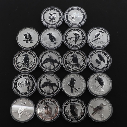 1002 - A COLLECTION OF EIGHTEEN AUSTRALIAN SILVER 1 OZ 'KOOKABURRA' COINS, 1999 AND LATER. A collection of ... 