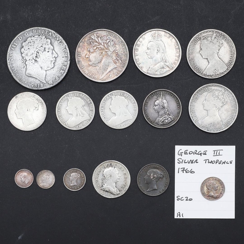 1037 - A GEORGE III CROWN, 1818 AND OTHER SILVER. George III Crown 1818, twopence 1766, Bank Token, Ten Pen... 