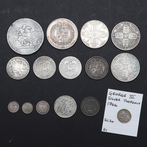 1037 - A GEORGE III CROWN, 1818 AND OTHER SILVER. George III Crown 1818, twopence 1766, Bank Token, Ten Pen... 