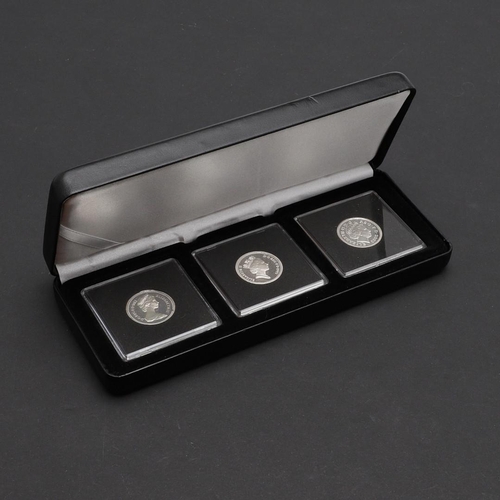 1193 - A THREE COIN SILVER PROOF SET FEATURING THREE DIFFERENT PORTRAITS. A presentation set of three silve... 