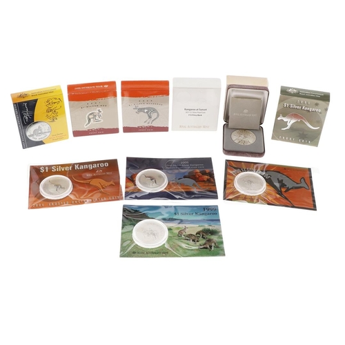 1196 - A COLLECTION OF TEN AUSTRALIAN SILVER 1 OZ KANGAROO COINS, 1999 AND LATER. A collection of Elizabeth... 