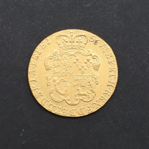 1209 - A GEORGE II GUINEA, 1756. A George II Guinea. old laureate head l, reverse with crowned shield of ar... 