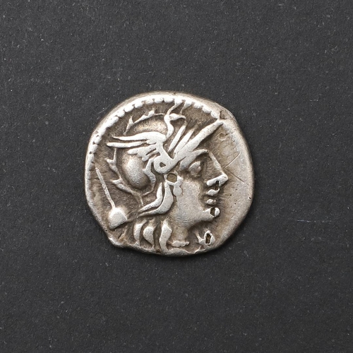 646 - A ROMAN REPUBLIC DENARIUS, c. 126 B.C. A Roman Republic Denarius. T. Quinctius Flamininus. Helmeted ... 