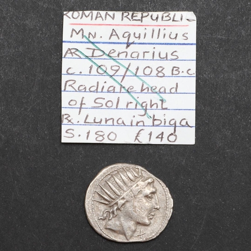 647 - ROMAN REPUBLIC, DENARIUS. c.109-108 B.C. Aquillius, 62 BC, radiate head of sol r. with X below chin.... 