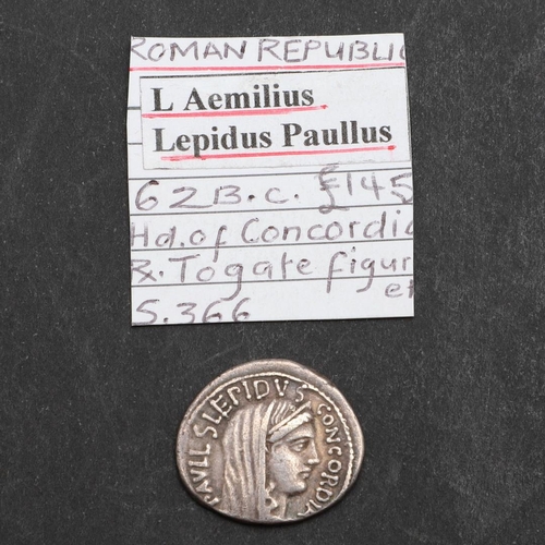 648 - ROMAN REPUBLIC, DENARIUS. c.63 B.C. Aemilius Lepidus Paullus, 62 BC, veiled and diademed head of Con... 
