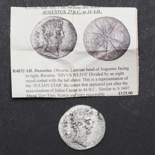 652 - ROMAN IMPERIAL COINAGE: AUGUSTUS. c. 27 B.C. - 14 A.D. A silver denarius, obverse with laureate bust... 