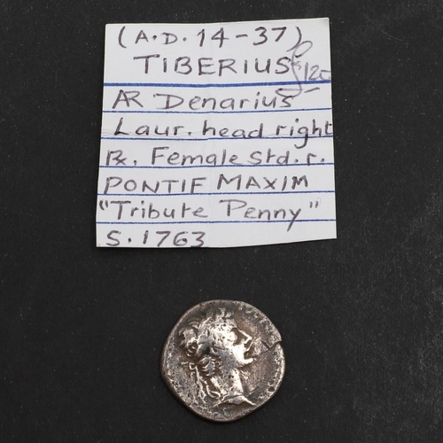 654 - ROMAN IMPERIAL COINAGE: TIBERIUS.c.14-37. A.D. A silver denarius, obverse with laureate bust r. Reve... 