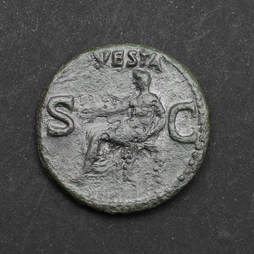 656 - ROMAN IMPERIAL COINAGE: CALIGULA c.37-41 A.D. A copper as. bare headed portrait l. Reverse Vesta sea... 