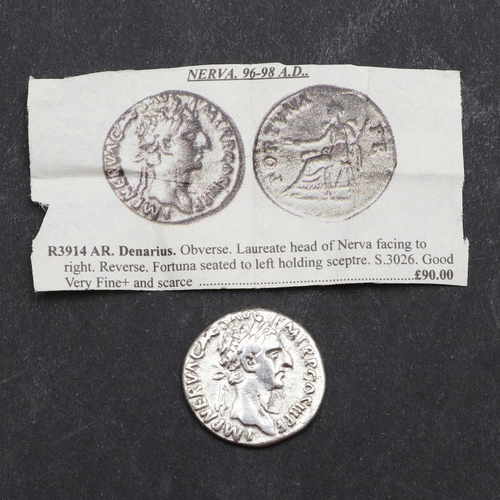 665 - ROMAN IMPERIAL COINAGE: NERVA. c.96-98. A.D. A silver denarius, obverse with laureate bust r. Revers... 