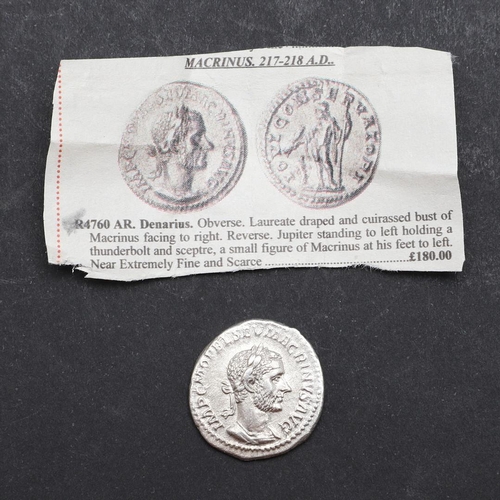 674 - ROMAN IMPERIAL COINAGE: MACRINUS. c.217-218. A.D. A silver denarius, obverse with laureate bust r. R... 