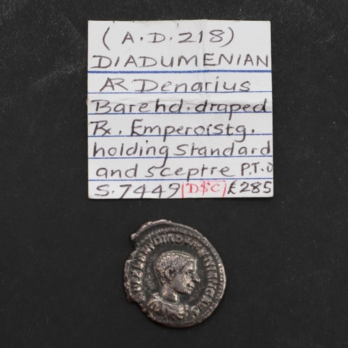 675 - ROMAN IMPERIAL COINAGE: DIADUMENIAN. c.218. A.D. A silver denarius, obverse with bare headed bust r.... 