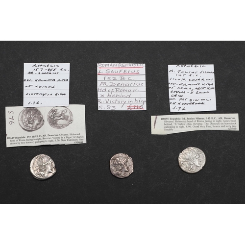 694 - THREE SIMILAR ROMAN REPUBLIC SILVER DENARIUS. Helmeted head of Roma r. with X behind. Reverse Victor... 