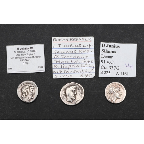 696 - THREE SIMILAR ROMAN REPUBLIC SILVER DENARIUS. D. Junius, Helmeted head of Roma r. Reverse Victory in... 