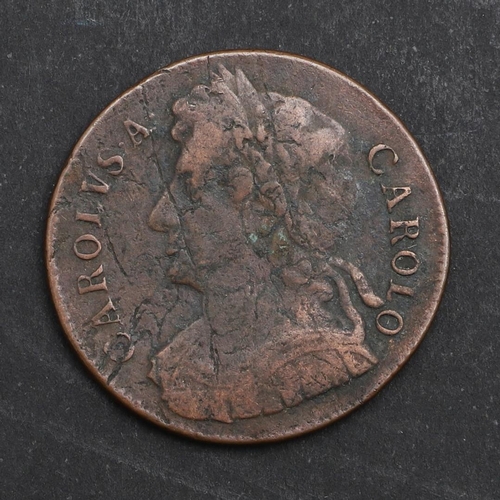 744 - A CHARLES II COPPER HALFPENNY, 1672. A Charles II Halfpenny, cuirassed bust l. reverse seated figure... 