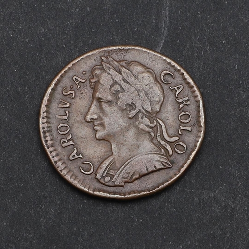 747 - A CHARLES II COPPER FARTHING, 1674. A Charles II Farthing, cuirassed bust l. reverse seated figure o... 