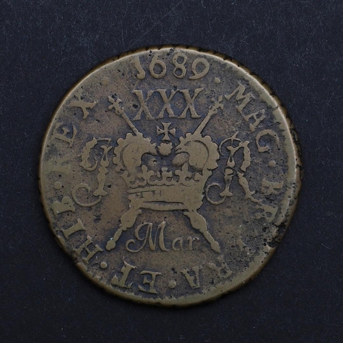 752 - A JAMES II GUNMONEY HALFCROWN, 1689. An Irish James II Gunmoney Halfcrown, March 1689, laureate drap... 