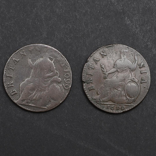 759 - TWO WILLIAM III COPPER HALFPENNIES, 1699. A William III Halfpenny, second issue with date in legend ... 