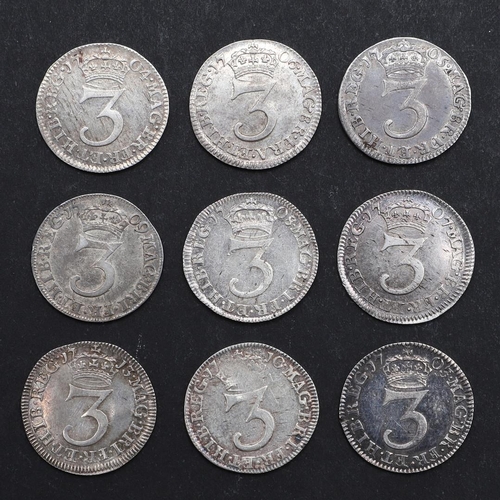 761 - A COLLECTION OF QUEEN ANNE THREEPENCE, 1703 AND LATER. A collection of Queen Anne threepence, second... 