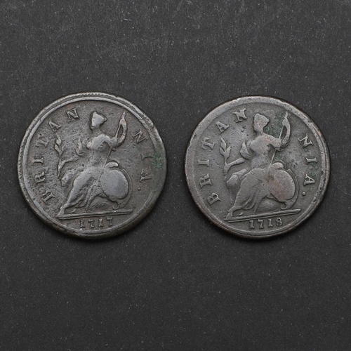 767 - TWO GEORGE I HALFPENCE, DUMP ISSUES, 1717 AND 1718. Two George I halfpence, dump issue,  laureate an... 