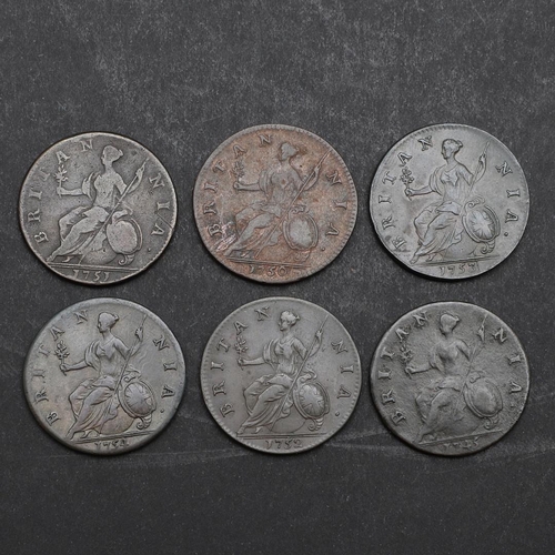 784 - A COLLECTION OF GEORGE II HALFPENCE 1745 AND LATER. A collection of George II halfpence, old laureat... 