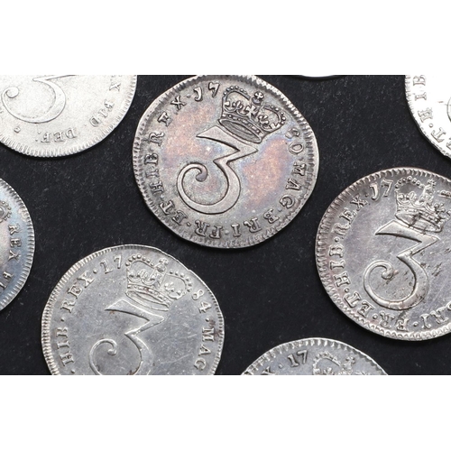 792 - A COLLECTION OF GEORGE III THREEPENCE, 1762 AND LATER. A collection of George III threepence, young ... 
