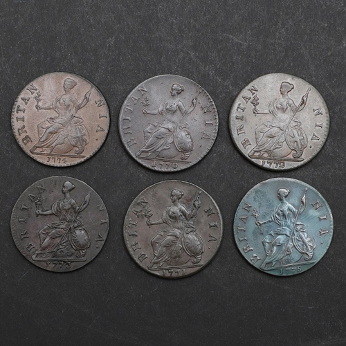 793 - A COLLECTION OF GEORGE III HALFPENCE 1770 AND LATER. A collection of George III halfpence, laureate ... 