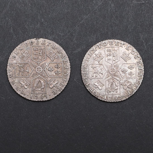 795 - TWO GEORGE III SHILLINGS, 1787. A George III shilling, young laureate and draped bust, reverse with ... 