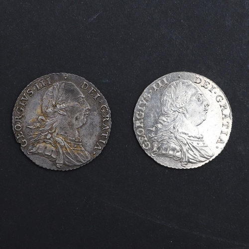 796 - TWO GEORGE III SHILLINGS, 1787. Two George III Shillings, bare head r. reverse with and without seme... 