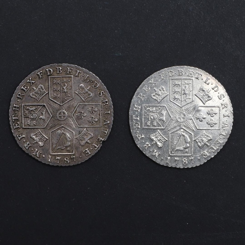 796 - TWO GEORGE III SHILLINGS, 1787. Two George III Shillings, bare head r. reverse with and without seme... 