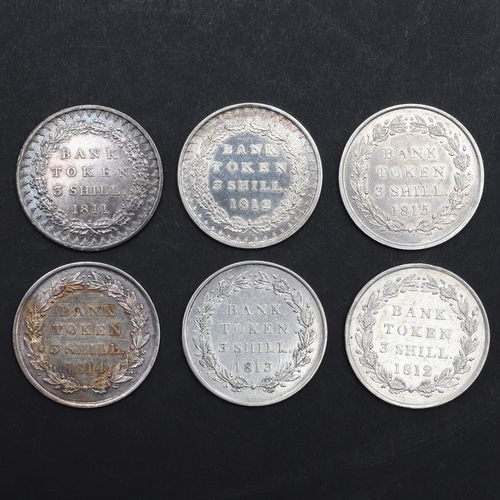 803 - A COLLECTION OF SIX GEORGE III THREE SHILLING BANK TOKENS. 1811 AND LATER. George III Bank of Englan... 