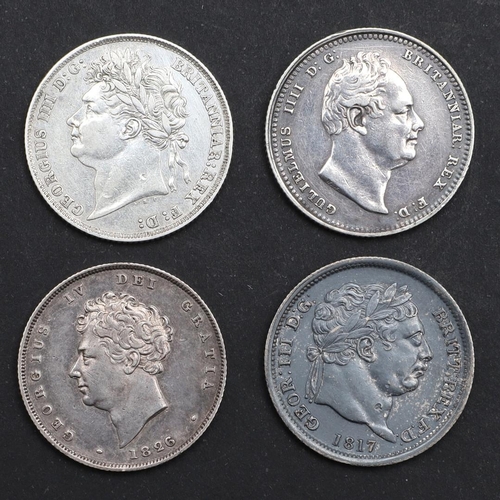 809 - A COLLECTION OF FOUR GEORGE III SHILLINGS, 1817 AND LATER. George III Shilling, large laureate head ... 