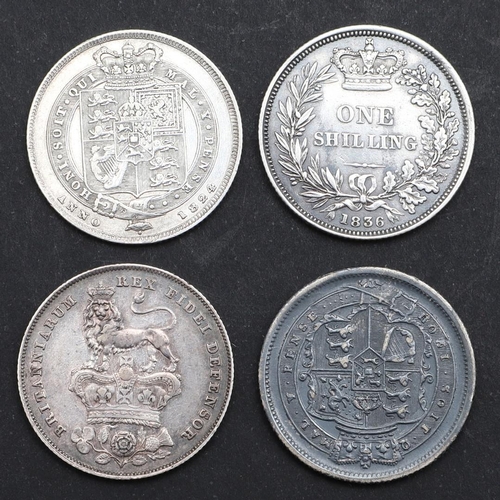 809 - A COLLECTION OF FOUR GEORGE III SHILLINGS, 1817 AND LATER. George III Shilling, large laureate head ... 