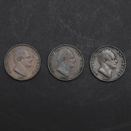 820 - WILLIAM IV HALFPENNIES 1831, 1834 AND 1837. William IV Halfpenny bare head r. dated 1831, reverse se... 