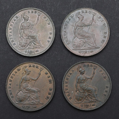 846 - FOUR EARLY QUEEN VICTORIA PENNIES, 1854 AND 1855, ORNAMENTAL AND PLAIN TRIDENTS. A Queen Victoria pe... 