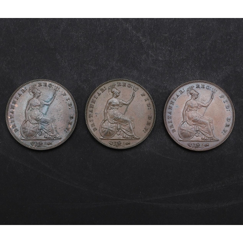 849 - THREE EARLY QUEEN VICTORIA PENNIES, 1857. Three Queen Victoria pennies, young head l. dated 1857, re... 