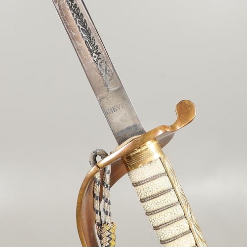 101 - AN ELIZABETH II NAVAL OFFICER's  SWORD BY GIEVES. A naval officer's  sword with a 79cm pointed and f... 