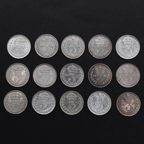 855 - A COLLECTION OF VICTORIAN THREEPENCE, 1869 AND LATER. A collection of Queen Victoria threepence, you... 