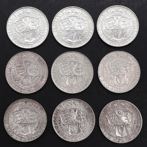 885 - A COLLECTION OF NINE LATE VICTORIAN FLORINS. 1893 AND LATER. Queen Victorian Florins, old veiled bus... 