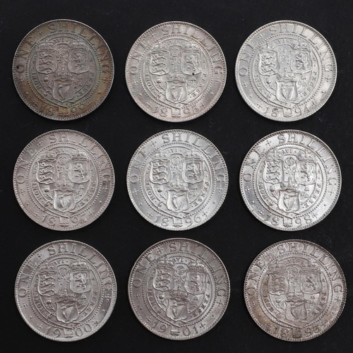 887 - A COLLECTION OF NINE LATE VICTORIAN SHILLINGS 1893 TO 1901. Queen Victorian shillings, old veiled bu... 