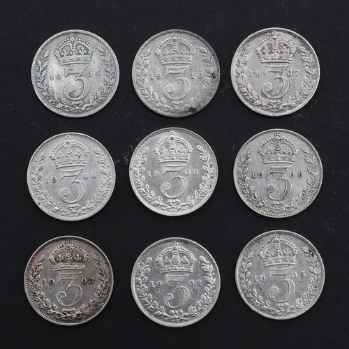 901 - A COLLECTION OF NINE EDWARD VII THREEPENCE. Edward VII threepence, bare head l. reverse crown above ... 