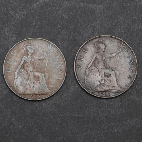 913 - TWO GEORGE V KINGS NORTON PENNIES, 1918 AND 1919. George V Pennies, bare head l. reverse with seated... 