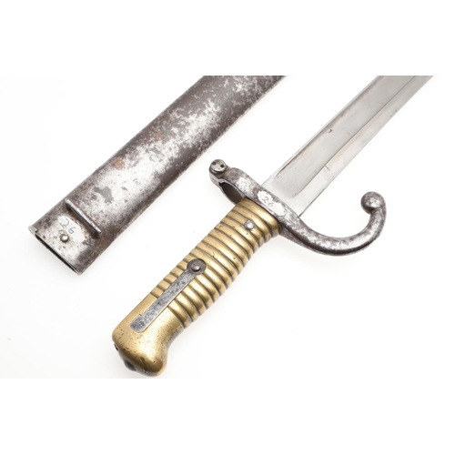 121 - A FRENCH 1866 PATTERN CHASSEPOT BAYONET AND SCABBARD. With a 57.4cm pointed, sharpened single edged ... 