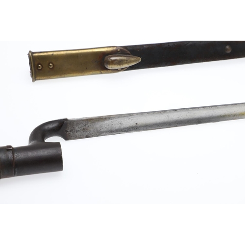 122 - A BRITISH MARTINI HENRY SOCKET BAYONET AND SCABBARD. With a 55cm triform blade with pointed tip, mar... 